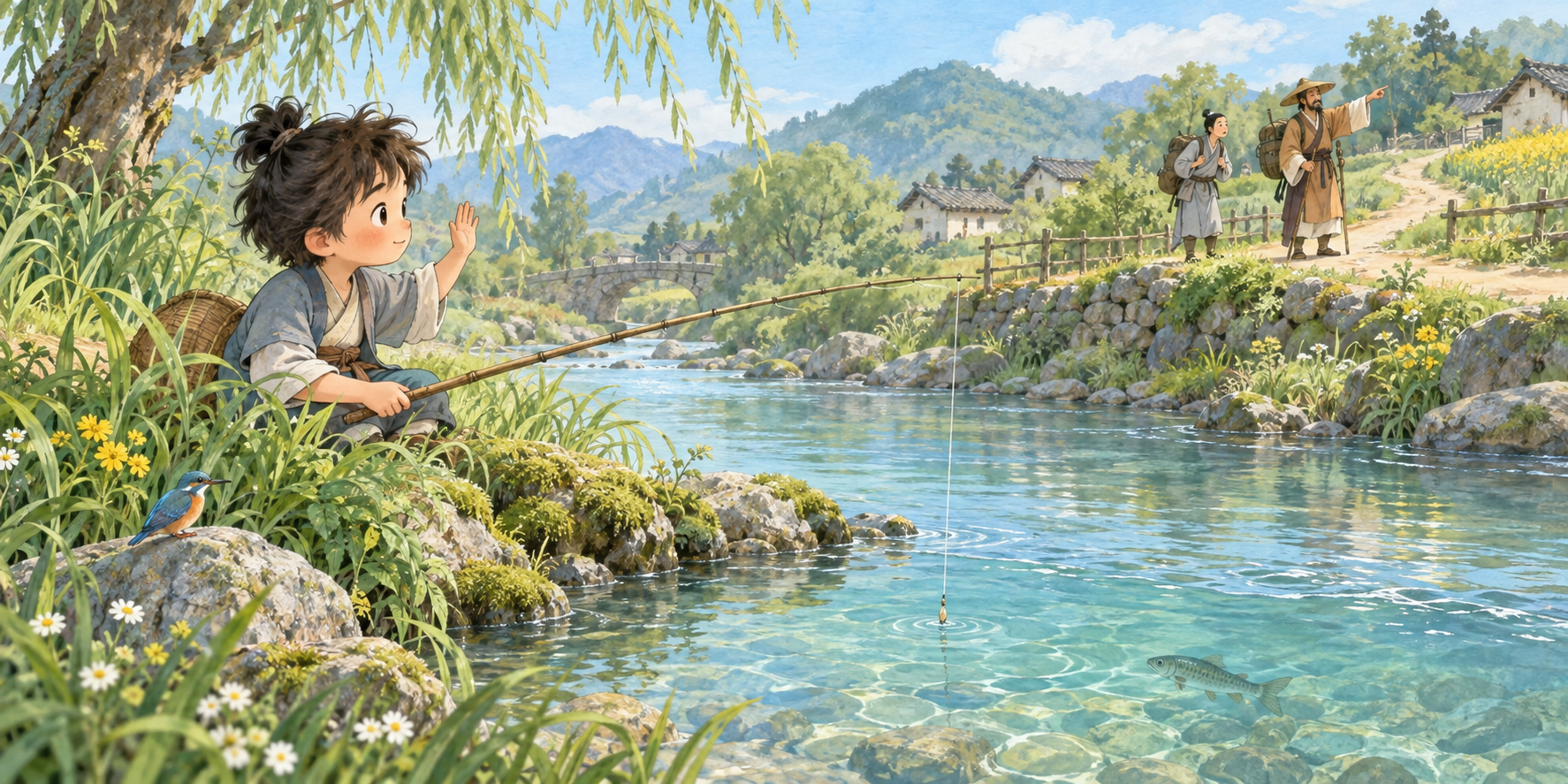 河边的孩子钓鱼时向远处问路人招手，水中游着一条鱼
